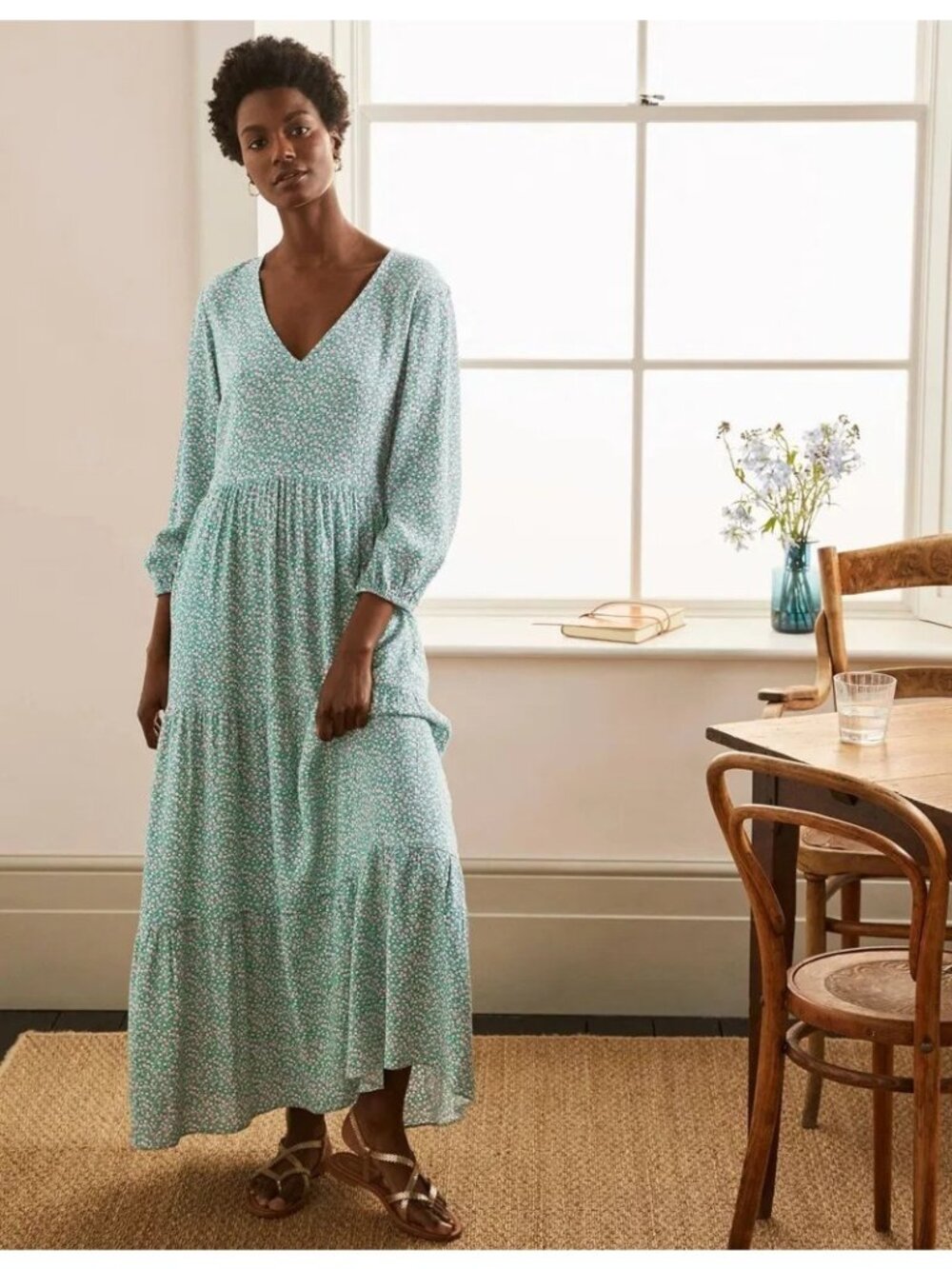 BODEN Blouson Long Sleeve Maxi Dress 2 XS Petite Green Pink Floral Tiered V-Neck